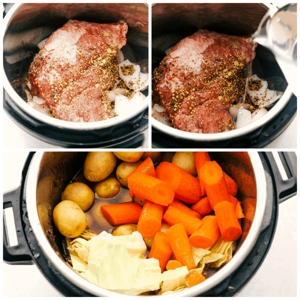 Instant Pot Corned Beef and Cabbage will make your St. Patrick's Day a breeze. The beef is tender and the cabbage and potatoes is full of flavor, you will love this! Putting the corned beef in the instant pot and adding the vegetables.