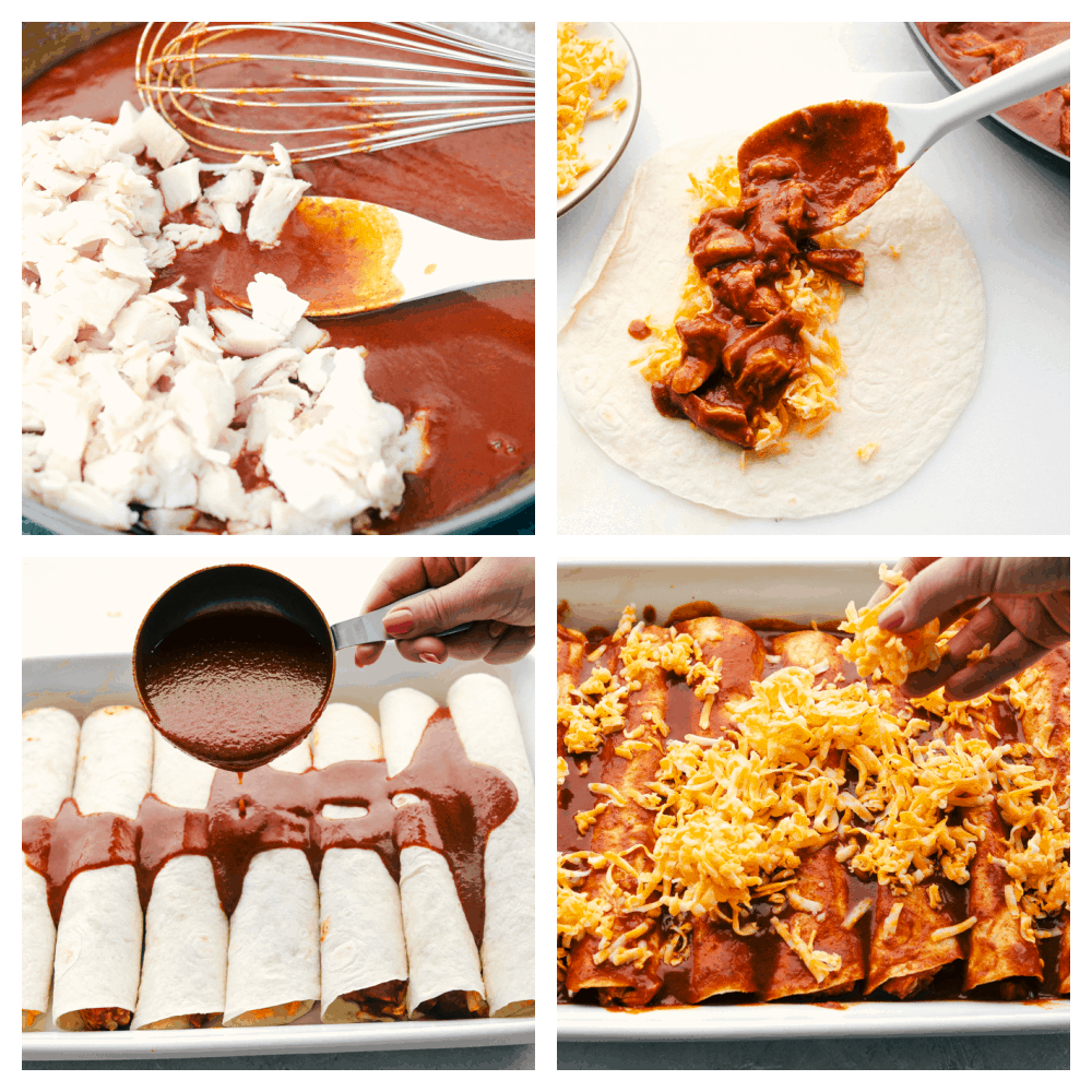 Chicken Enchiladas are saucy, cheesy and super scrumptious. These are made with my Enchilada sauce, which makes them even better than store bought! Mixing chicken in the enchilada sauce, making the enchiladas and topping them.