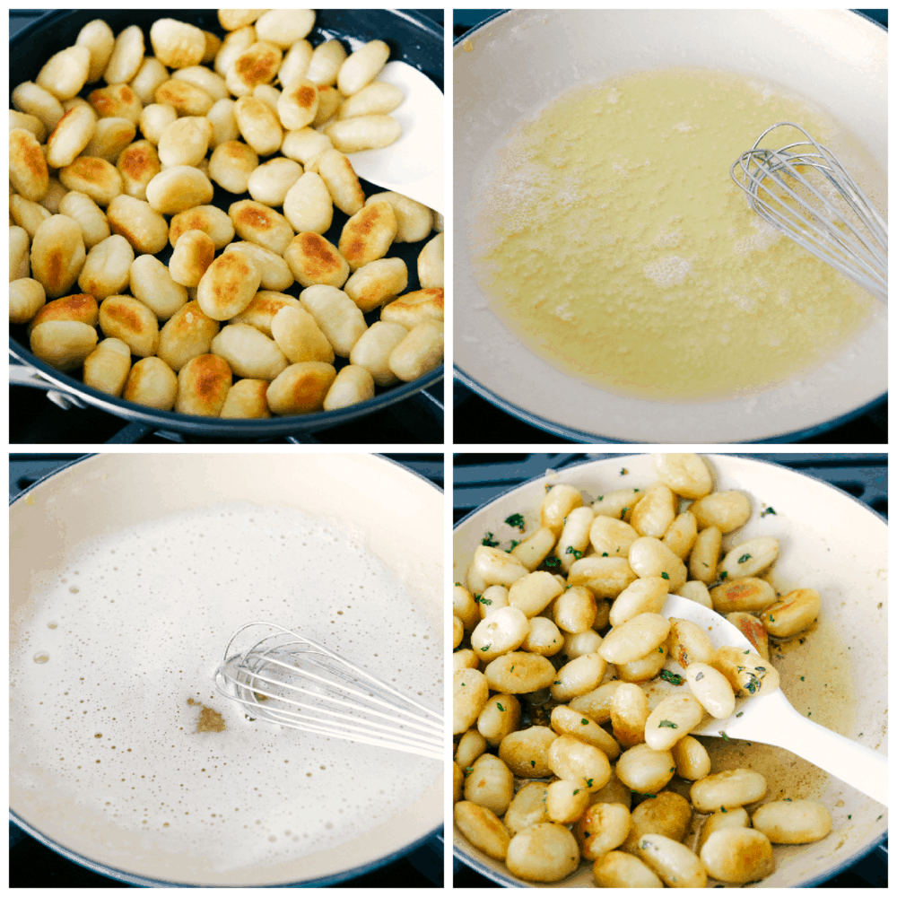 Brown Butter Garlic Fried Gnocchi are tender morsels tossed in a buttery herb sauce you are going to love! Super easy and quick, this is a perfect dish for busy nights or unexpected guests! Frying the gnocchi, browning the butter and tossing it all together.