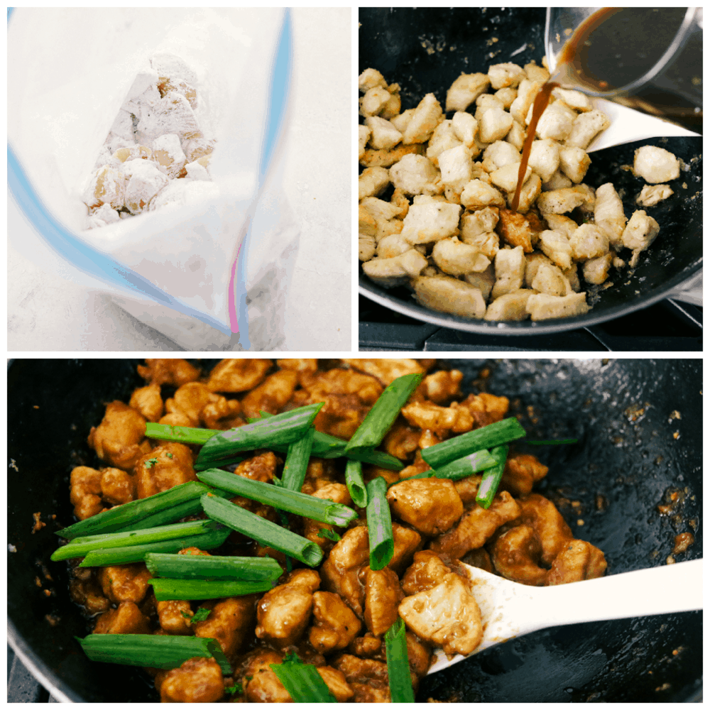 Mongolian Chicken is coated chicken tossed in a sweet savory sauce that is better than take out!ย This simple recipe is the beginning to tasty dinner in minutes. Coating the chicken, adding sauce and sauteing it in a pan.