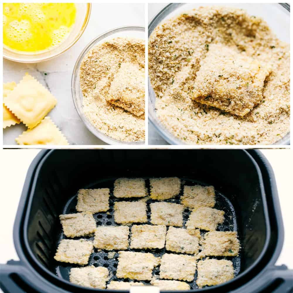 Air Fryer Toasted Ravioli are crispy golden nuggets of YUM!ย Perfect as an appetizer or even a meal, you are going to love these! Seasoning ravioli and placing it in the air fryer.