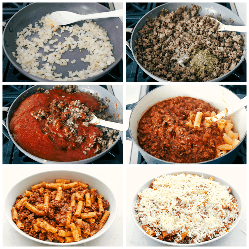 Baked Rigatoni is full of zesty meat, tender noodles and lots of cheese!ย Super simple this is the ultimate comfort food! Making the meaty sauce and adding the noodles and cheese for Rigatoni.