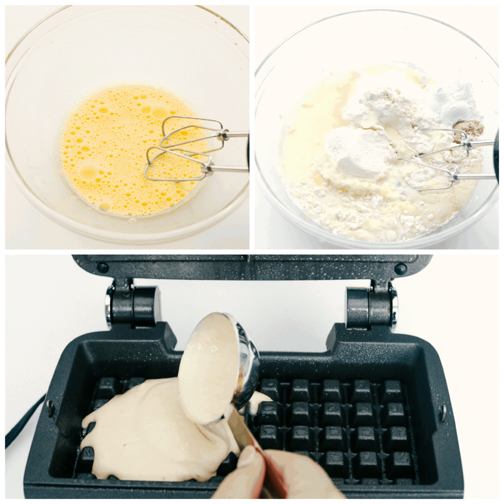 Homemade Waffles are worth waking up for! These delicate, crisp, yet fluffy waffles will melt in your mouth! Mixing the wet and the dry ingredients, pouring the batter in a waffle iron.