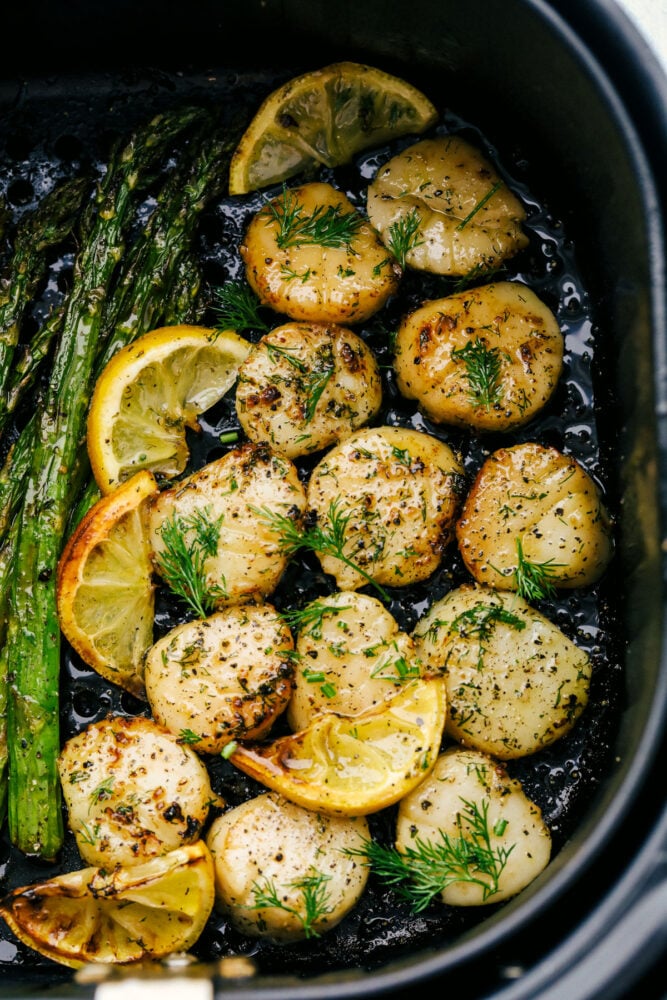 Air Fryer Lemon Dill Scallops are going to change the way you eat scallops! These are chock full of flavor, tender, juicy and succulent! Tender scallops cooked in an air fryer with lemon and dill.