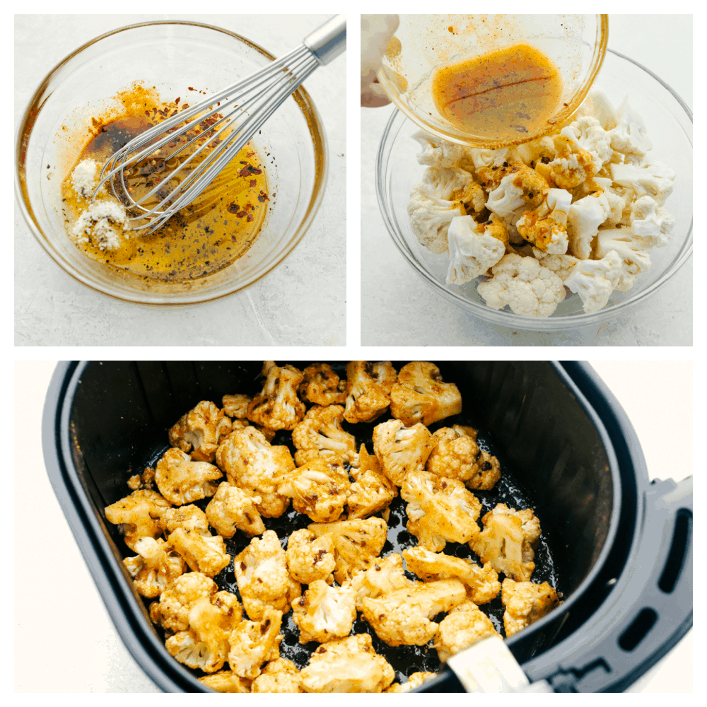 Air Fryer "Roasted" Cauliflower is perfectly tender, crisp and full of amazing flavor. You are going to love how easy it is to make this delicious side dish! Mixing the marinade, pouring over the cauliflower and putting in the air fryer basket.