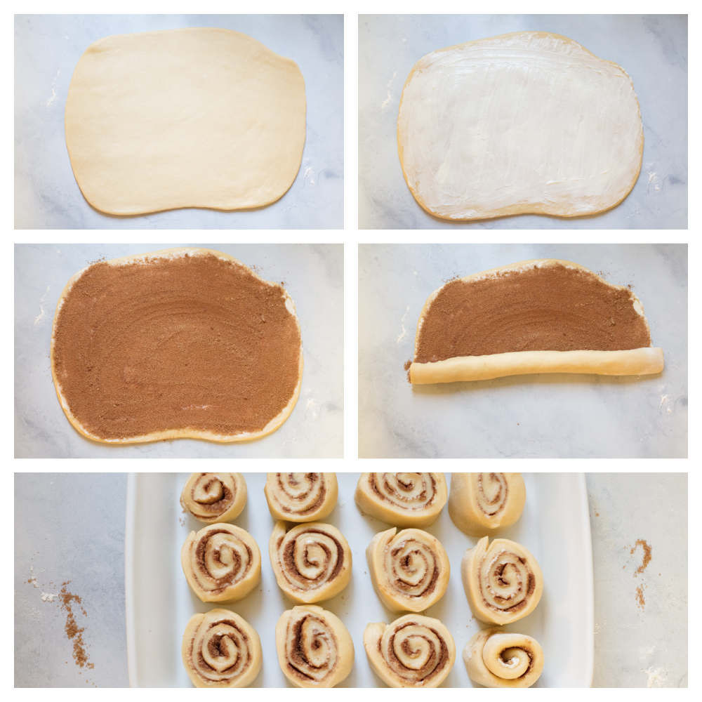 Overnight Cinnamon Rolls is a recipe you need in your arsenal. They make waking up worth it in the morning! Rolling out the dough, spreading with butter and topping with cinnamon and sugar, rolling it into rolls.