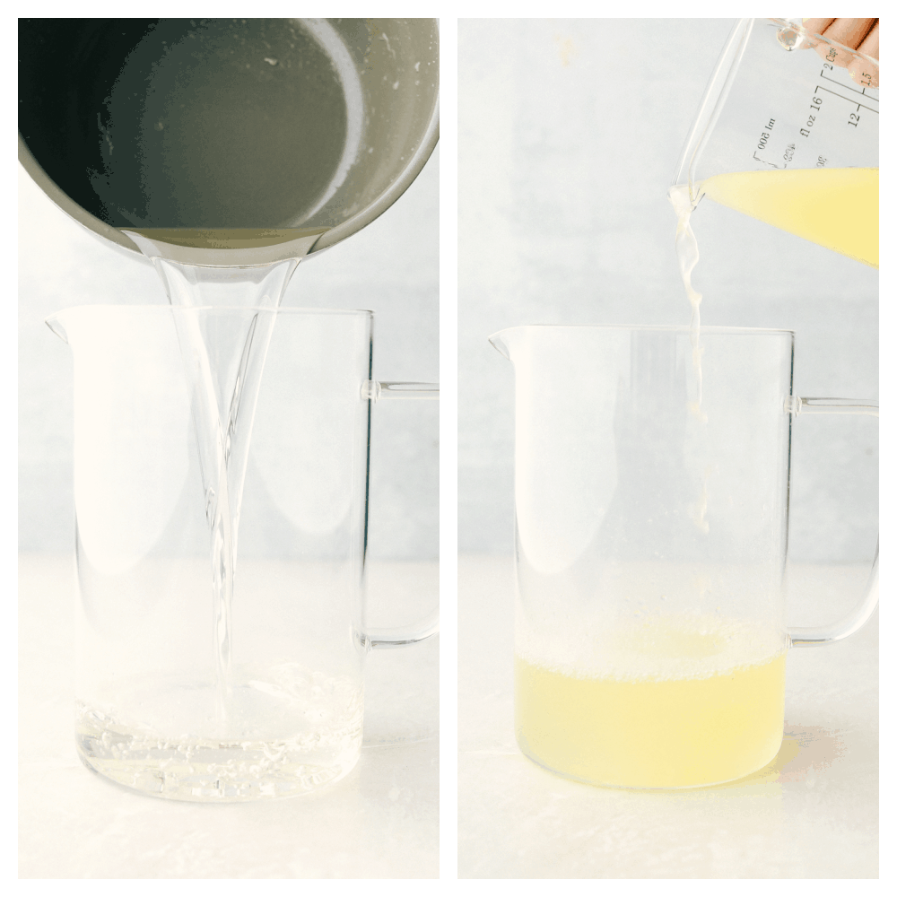 There isn't anything quite as refreshing as this Homemade Lemonade recipe, it's the BEST! Summer is going to be so cool, with a glass of this by your side. Pouring in the sugar water and lemon juice in a pitcher.