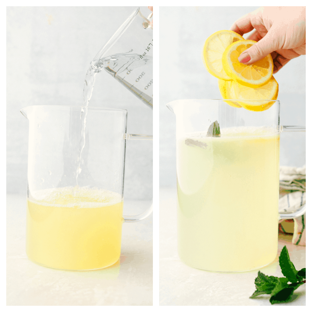There isn't anything quite as refreshing as this Homemade Lemonade recipe, it's the BEST! Summer is going to be so cool, with a glass of this by your side. Adding water and lemons and mint for garnish.