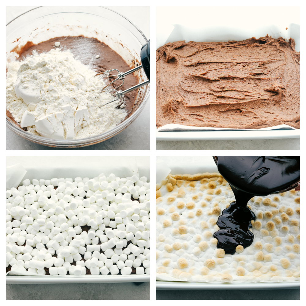 Mississippi Mudslide Bars are a chewy brownie base, topped with a fluffy marshmallow layer, and finished off with a rich and silky chocolate frosting. They are so addictive! The process of making mudslide bars.