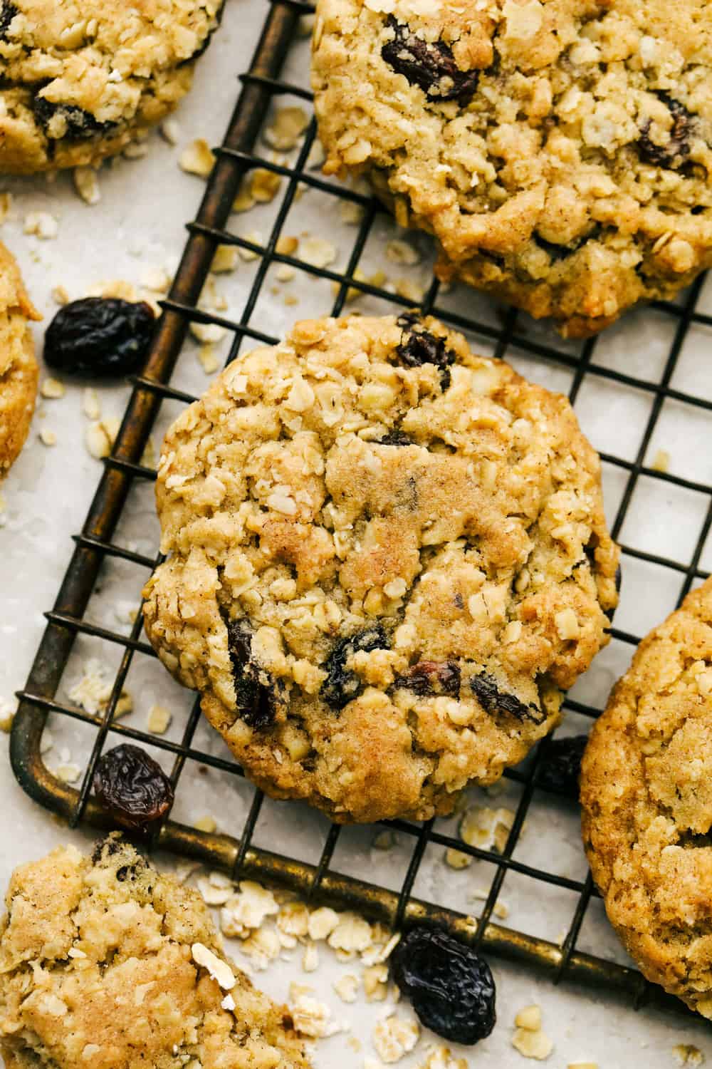 These are the Best Oatmeal Raisin Cookies you will ever make! These cookies are chewy, sweet and the perfect treat. Baked oatmeal cookies on a cooling rack.