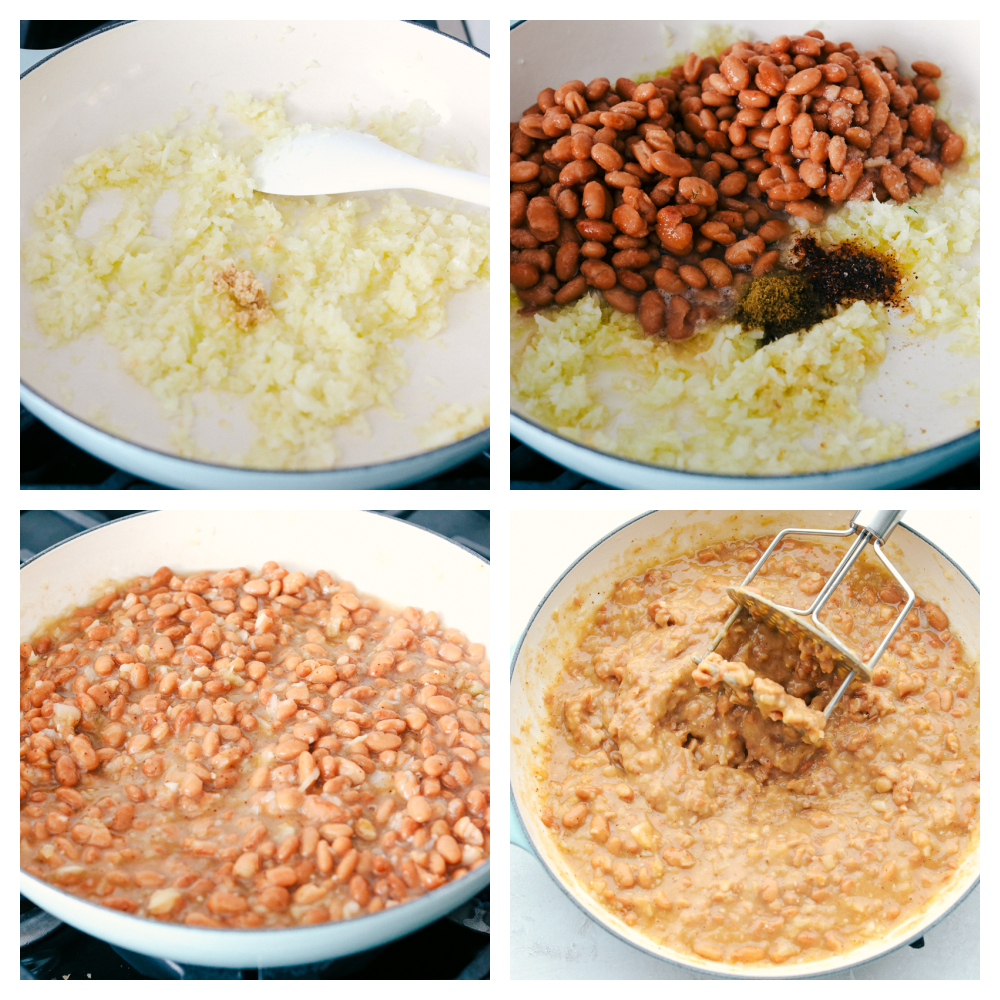 Homemade Refried Beans are simple and packed with so much flavor, you will never reach for a can again. These creamy refried beans are perfect for your next Tex-Mex night! Sauteing onions, beans and spices and mashing them to eat.