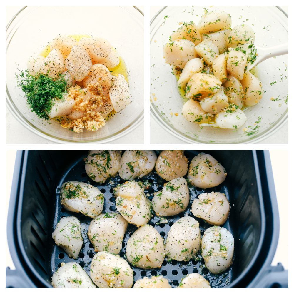 Air Fryer Lemon Dill Scallops are going to change the way you eat scallops! These are chock full of flavor, tender, juicy and succulent! Mixing the seasonings together with the scallops and placing them in an air fryer.