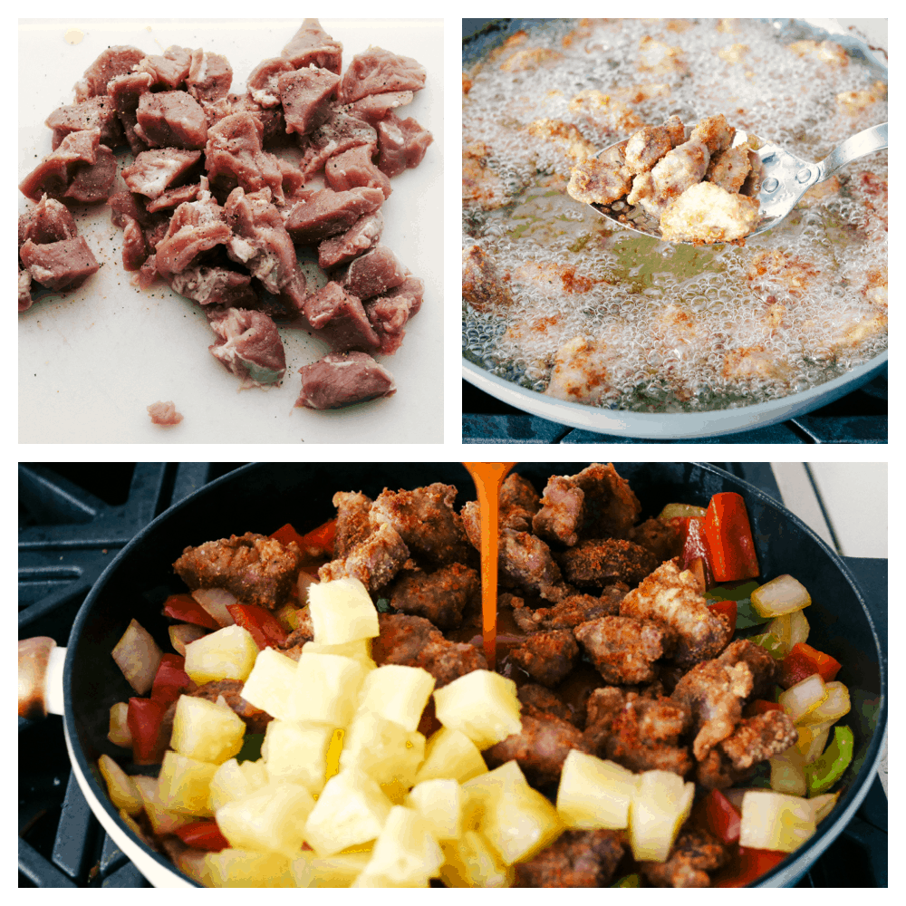 This sensational Sweet and Sour Pork is everything you want in take out, only better!ย You are going to love the succulent pork combined with the most incredible sauce! Cutting the pork, frying it and adding the sauce.