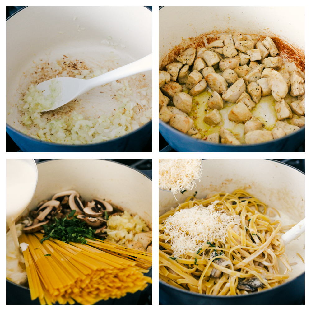 Chicken and Mushroom Fettuccine Alfredo is an easy weeknight or weekend meal made even faster if you have leftover chicken. One-pot means keeping this simple while everything is simmered together. The process of making chicken fettuccine alfredo.