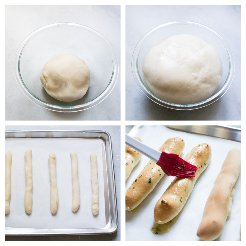 These copycat Olive Garden Breadsticks are insanely delicious! Fresh, buttery, and garlicky you can still have unlimited breadsticks, only these taste better! The dough before and after it raises, shaped into breadsticks, buttering them with seasoning before baking.