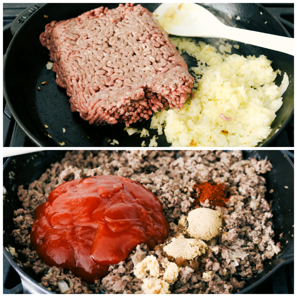 Delicious Sloppy Joes are messy, saucy and the perfect family dinner. A timeless classic, these are bound to be the best you have ever had! Cooking the hamburger and sauteing the onions and adding the seasonings.