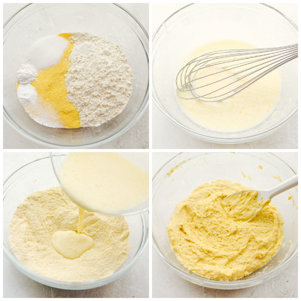 I am not joking when I say these are to die for Cornbread pancakes with honey butter syrup. These may well be the most amazing pancakes you will ever have! A bowl with the dry ingredients, a separate bowl of the wet ingredients, and then mixing them together.