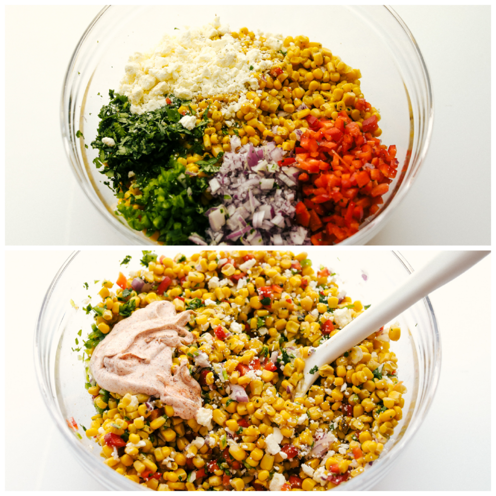 This Amazing Mexican Corn Salad is hands down an all time summer favorite. Full of fresh, bright, zingy and spicy flavors, it has something for everyone! The ingredients for the salad in sections in a glass bowl, and stirring in the dressing.