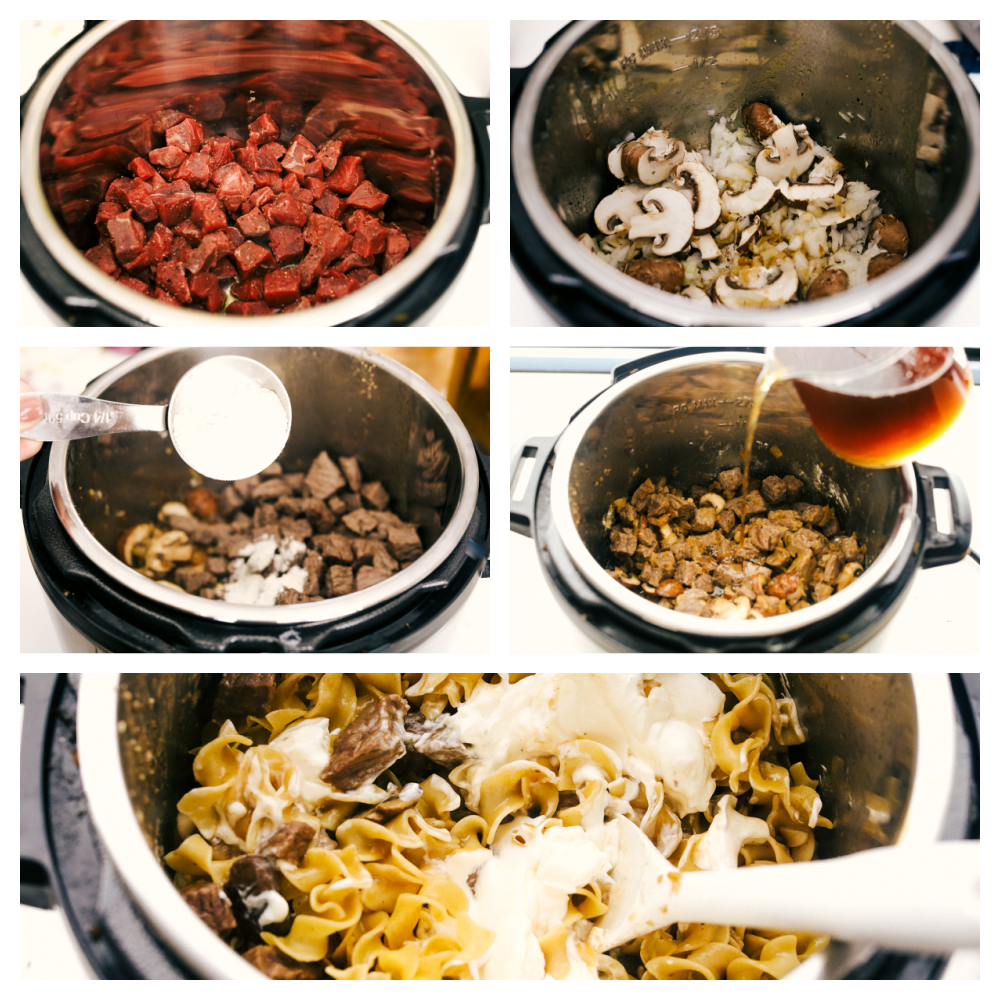 Instant Pot Beef Stroganoff creates the most tender, full flavored stroganoff I've ever had! Made hands off in the instant pot, this creamy dish is going to be your favorite way to cook it! Sauteing the beef, mushrooms and onions, then adding the flour and broth. After it's cooked adding the sour cream.