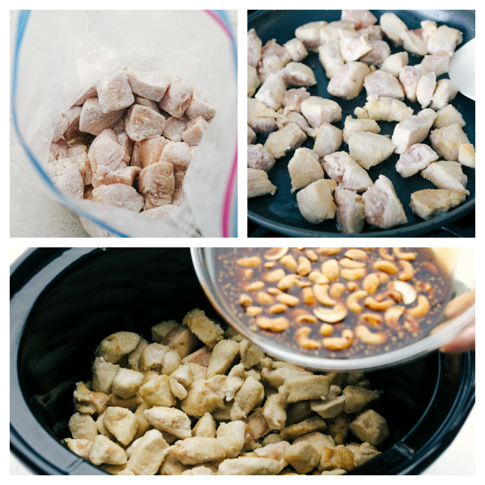 This amazing slow cooker cashew chicken is way better than takeout! The chicken is breaded to perfection, the sauce is full of flavor and the cashews hidden throughout are the best part! Coating the chicken and pan frying before adding it to the slow cooker with the sauce.