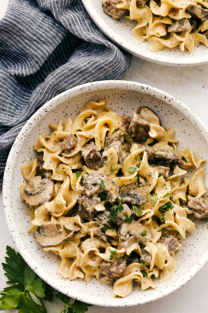 Instant Pot Beef Stroganoff creates the most tender, full flavored stroganoff I've ever had! Made hands off in the instant pot, this creamy dish is going to be your favorite way to cook it! A serving of Instant pot stroganoff in a bowl garnished with parsley.