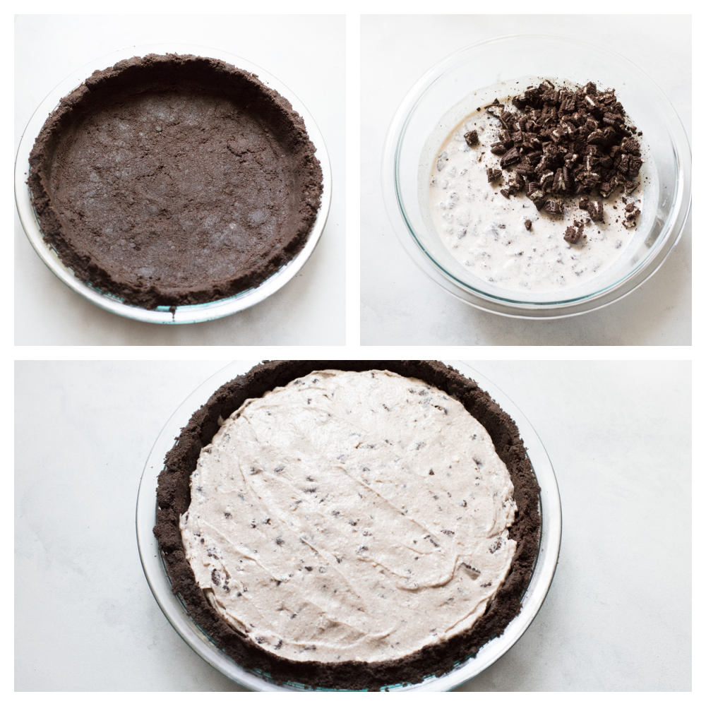 This No-Bake Oreo Pie is going to steal the show! It's so quick and easy you might find yourself making it everyday! The oreo crust, pudding filling with extra oreos and the finished pie.