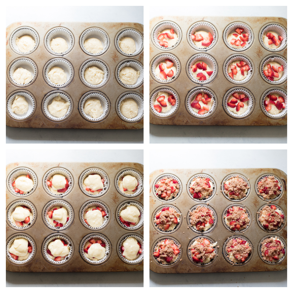 Strawberry Cheesecake Streusel Muffins are going to get you out of bed in the morning! These strawberry muffins are tender and sweet and full of flavor! Four photos with the process of making Strawberry streusel muffins.