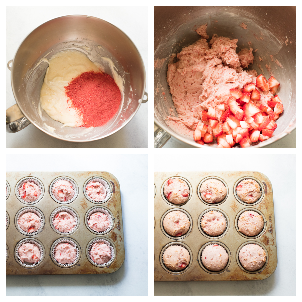 Strawberry Cupcakes are made with fresh and freeze-dried strawberries to create an incredible burst of flavor. Pretty and pink, these cupcakes are sure to be the perfect treat. Mixing the freeze-dried and fresh strawberries in to the batter and filling the cupcake mold.