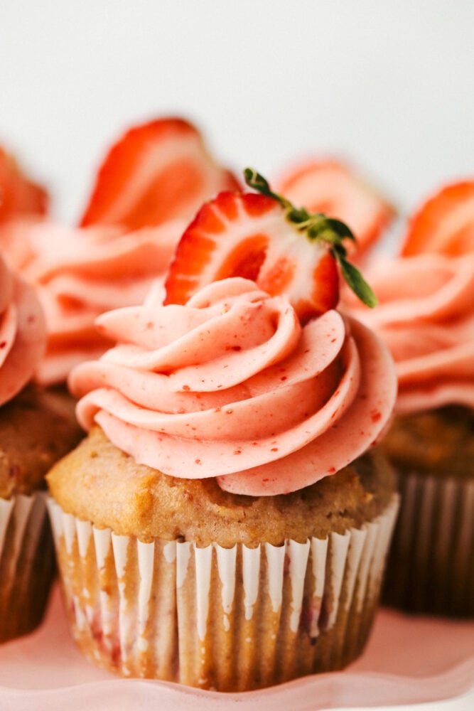 Strawberry Cupcakes are made with fresh and freeze-dried strawberries to create an incredible burst of flavor. Pretty and pink, these cupcakes are sure to be the perfect treat. A strawberry cupcake with swirled frosting and a strawberry on top.