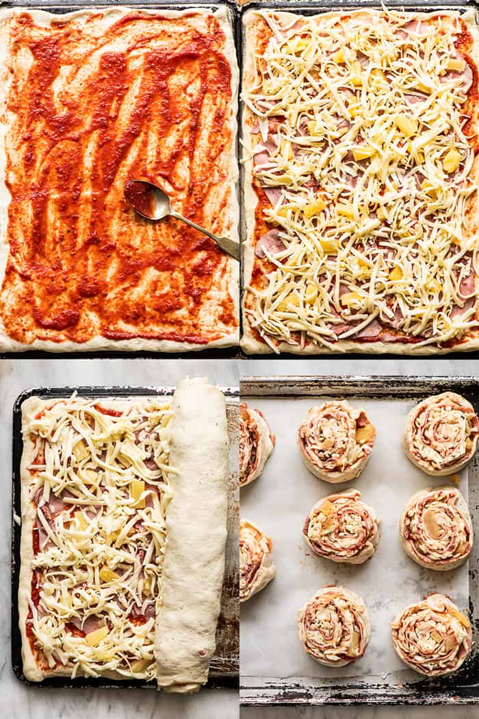 Pizza pinwheels are a super easy, family-friendly lunch or dinner. They're made with soft pizza dough and your favorite toppings rolled up then sliced into rounds. Once they're baked, they become cheesy and delicious bites that your whole family will love. 4 pictures showing how to make pizza pinwheels.