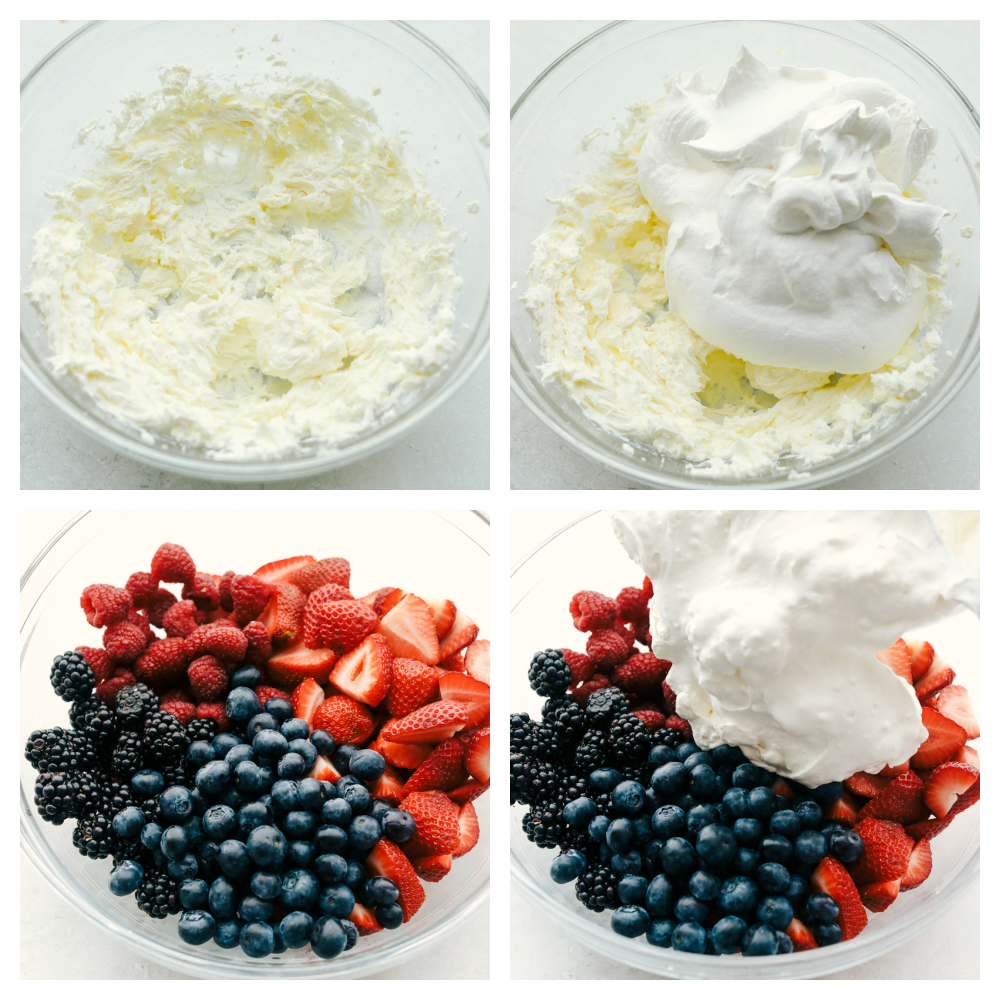 Berryย Cheesecake Salad has only the freshest berries combined with a creamy cheesecake fluff. ย This is so amazingย and will be the hit of any gathering! Cream cheese and whipped topping being mixed then adding it to the berries.