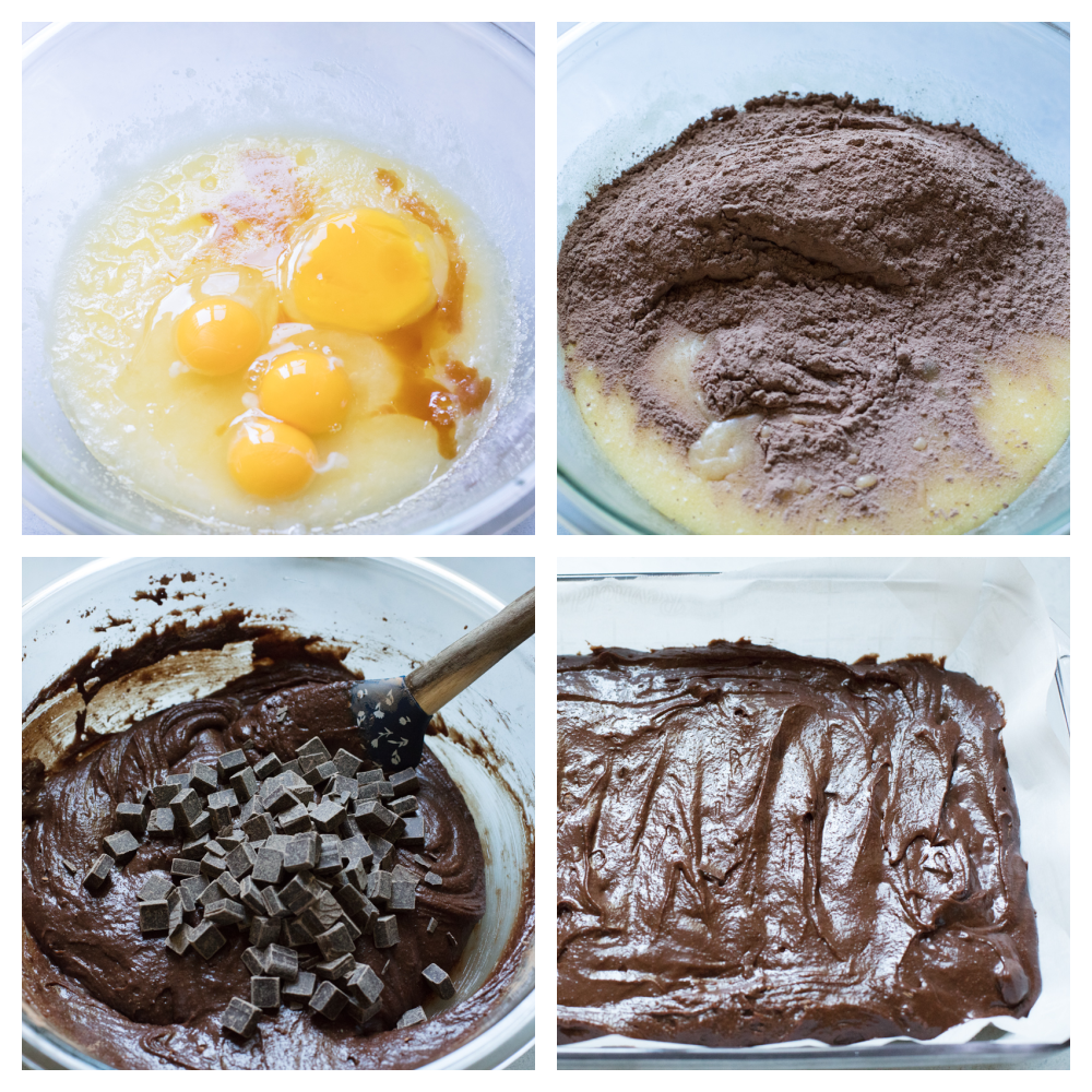 These are truly the Most Perfect Brownies Ever! These are rich, decadent and full of soul satisfying chocolate! Mixing the wet ingredients, then the dry, then altogether and putting the batter in the pan.