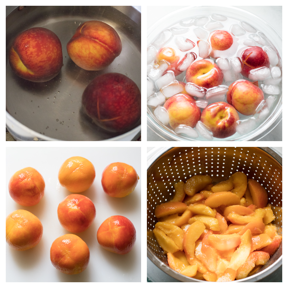 This Homemade Peach Pie is a bit of summer paradise on your plate! Flakey buttery crust is filled with a luscious sweet peach filling that is perfect with a scoop of vanilla ice cream. Peaches in a cold bath and peeled.