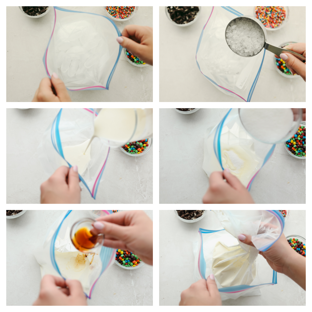 Ice cream in a bag is the perfect summer time kid-friendly treat! Super simple and absolutely delicious, this science project is one your kids are going to want to keep on repeat. The steps to make the ice cream in a bag including ice, salt, milk and sugar.