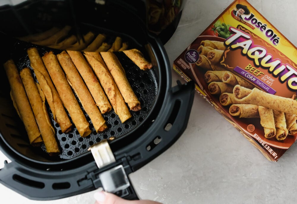 These air fryer frozen taquitos are quick and easy to make for a snack, dinner or side dish! Inside each taquito is packed with protein and flavor! Air frying frozen taquitos from Jose Ole.