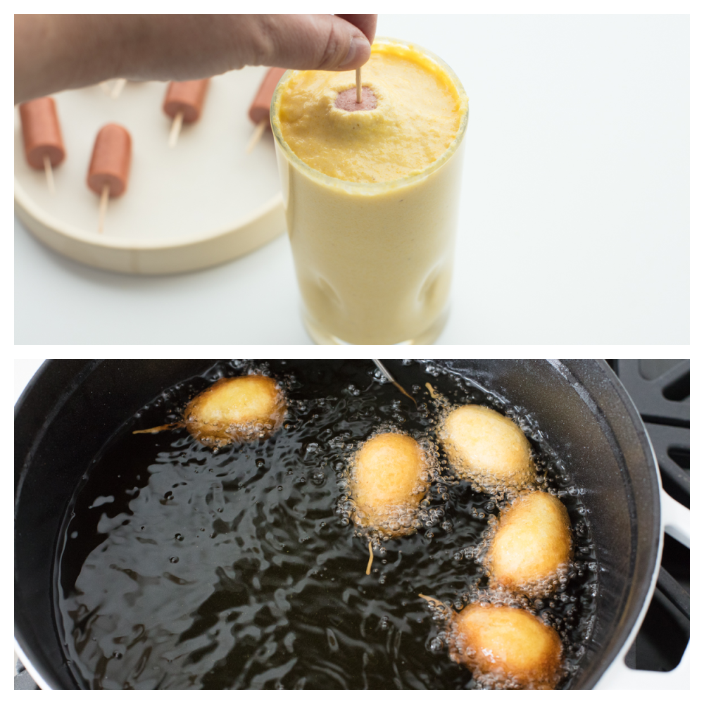 A crispy cornbread outer layer and snack-able size make these Mini Corn Dogs the perfect family treat! Recreate delicious county fair flavors in just a few simple steps! Dipping mini corn dogs in the batter and frying them in oil.