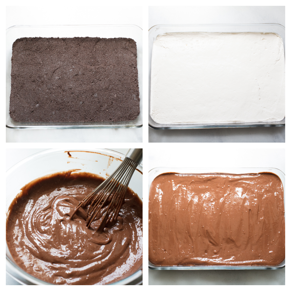 Oreo Lasagna is a no-bake slice of chocolate heaven! Layered with a cream cheese and pudding layer, sandwiched between whipped topping and luscious Oreo crust, it's too die for! Oreo layer, cream cheese layer, chocolate pudding layer and putting it all together.