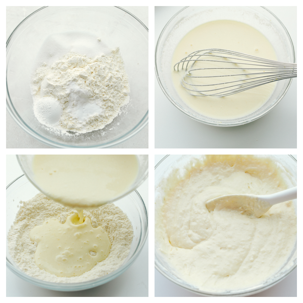 Lemon Ricotta Pancakes are fluffy, tender pancakes that are elevated to a whole new level. The ricotta adds protein and a lightness that is absolutely divine while the lemon gives it a bit of a tangy taste that you are going to love! Mixing the dry ingredients, then the wet and combining them together.