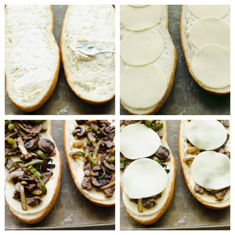 Philly Cheese Steak Cheesy Bread with just a few simple ingredients is the taste of Philly for a crowd! It comes together in just minutes with major flavor in each bite! Philly cheesesteak cheesy bread being prepared