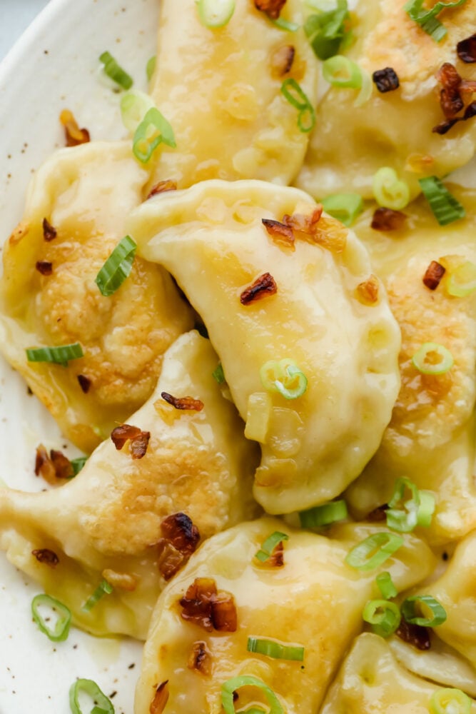 Pierogi are delightful dumplings stuffed with potatoes and cheese. These are traditional Polish dumpling that puts a whole new meaning to comfort food! Up close picture of the boiled and pan fried pierogi.