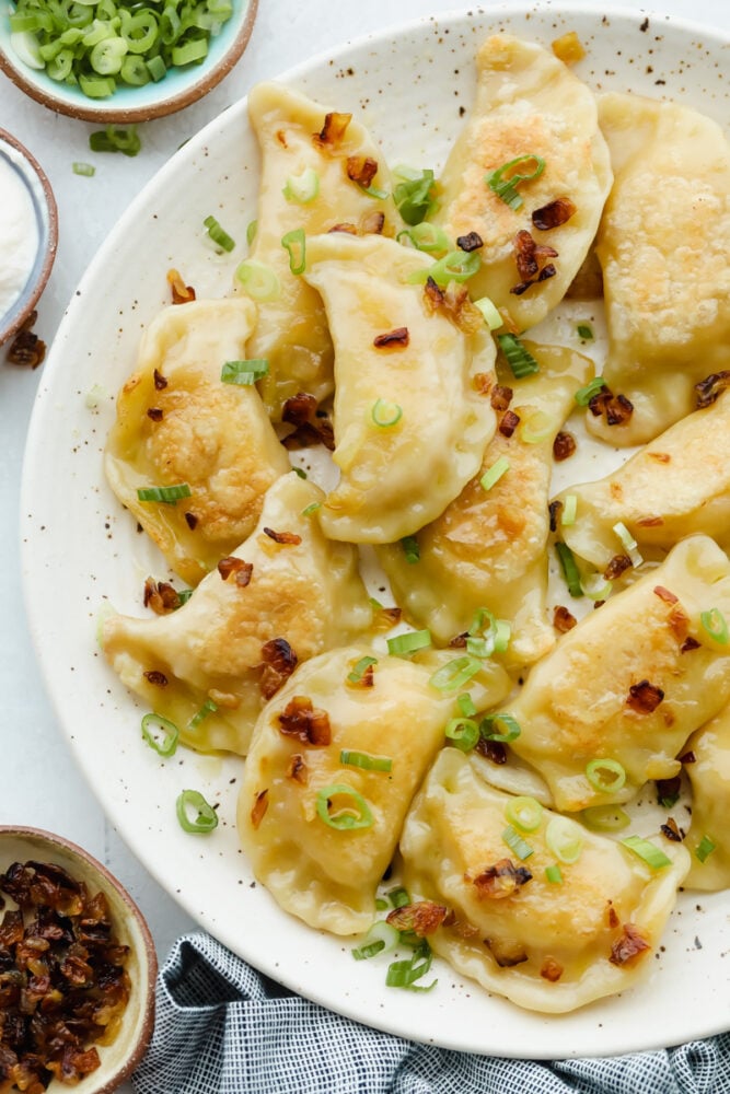 Pierogi are delightful dumplings stuffed with potatoes and cheese. These are traditional Polish dumpling that puts a whole new meaning to comfort food! A plate of cooked pierogi garnished with green onions.