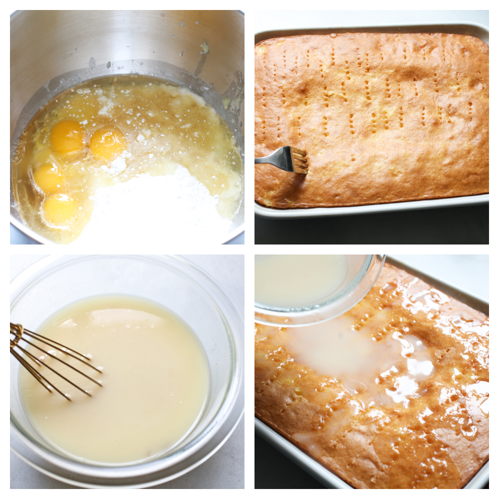 Pina Colada Poke Cake is a little slice of tropical paradise on a plate! Rich in flavor this is a light fluffy cake everyone is going to love! Mixing the ingredients, poking holes in the cake and pouring th sauce over the top.
