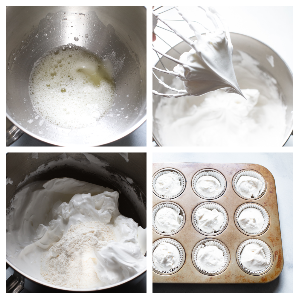 These ultra-fluffy, delicate cupcakes are the best base for light and tasty summer treats. Top with fresh whipped cream frosting and berries for a dessert that is a perfect combination of airy and sweet. The process of making angel food cupcakes.