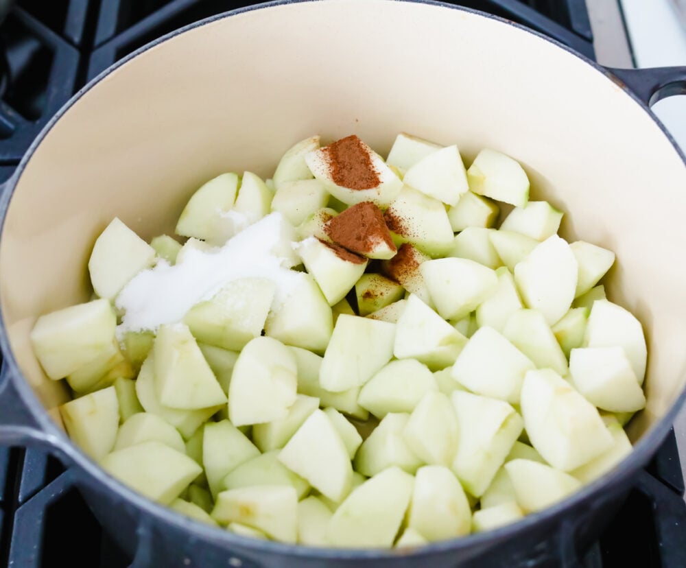 I love homemade applesauce! It is such a simple way to incorporate all of the apples that I have in my fridge! PLUS as a bonus, my kids are more inclined to eat something so simple! Chopped apples in a bowl with sugar and cinnamon being added as ingredients.