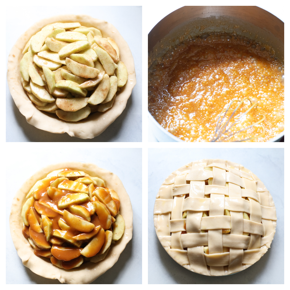 Caramel Apple Pie is the traditional American dessert, but totally elevated. Sour tart apples are smothered in caramel, it's insanely delicious. Apples piled in the pie crust, the caramel on the stove then drizzled over the apples and the finished latticed pie.