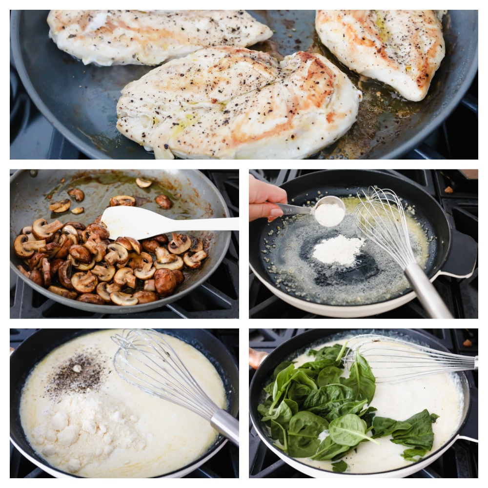 Creamy Parmesan Garlic Mushroom Chicken is ready in just 30 minutes and the parmesan garlic sauce will wow the entire family! This will become a new favorite! Sautéing the chicken, mushrooms, making the sauce and adding the spinach.