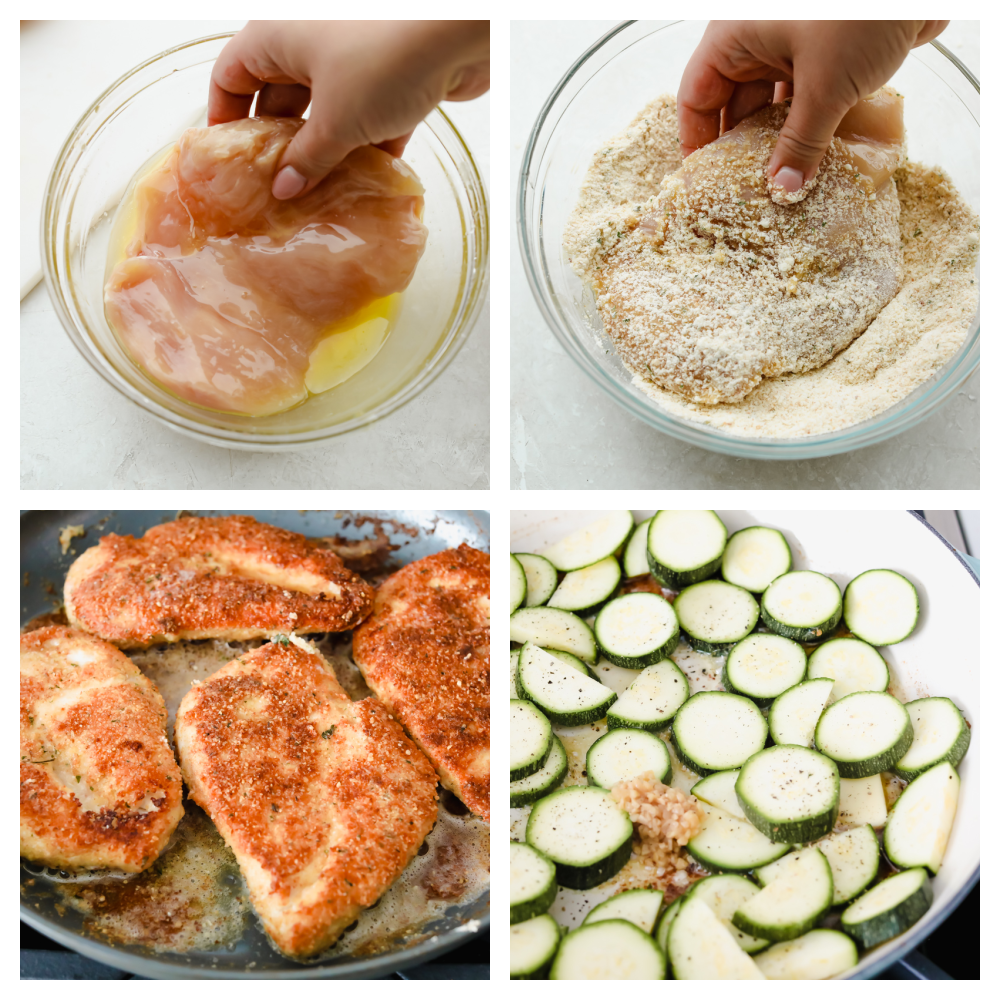 Crispy parmesan garlic chicken with zucchini is a fantastic one-pan meal that the family will love. Crispy chicken is breaded with an amazing parmesan garlic crust paired with tender zucchini sautรฉed to perfection! The process of making chicken and zucchini in a skillet.