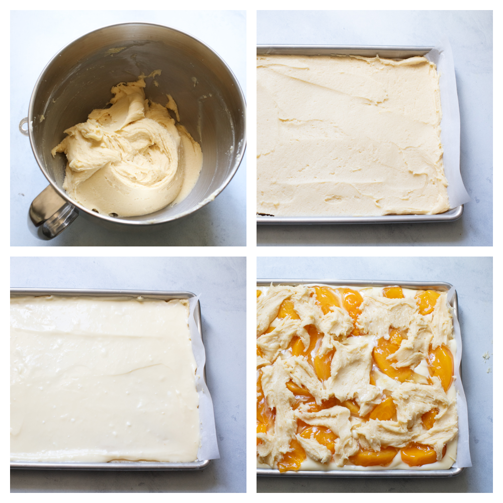 Peaches and Cream Pie Bars are delicious bars that have a creamy cheesecake and peach pie filling in the center. They are drizzled in a glaze and taste just like you are biting into a peach pie! The process of making peach pie bars.