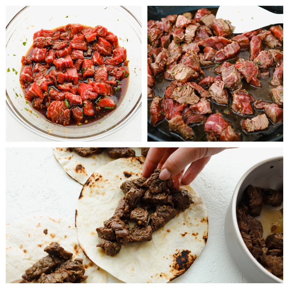 Street Tacos. Delicious, amazing, mouthwatering street tacos. I cannot stop thinking about these! They are SOO delicious. You will want to gobble these all up at once! 3 pictures showing steak marinating.