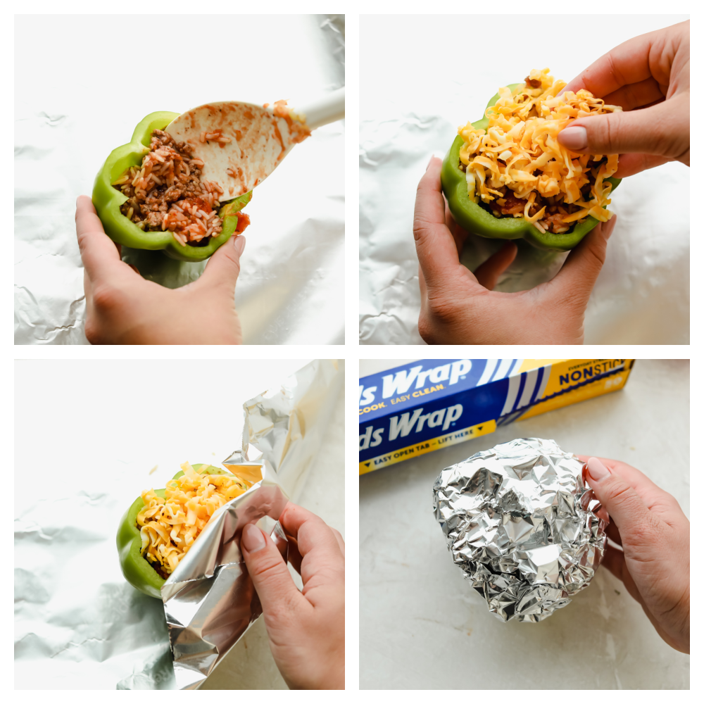 Stuffed bell peppers are filled with lean ground beef, rice, tomatoes, and the perfect blend of seasonings all topped with shredded cheese. Individually wrapped peppers make a colorful and delicious dinner with a beef combination full of flavor.